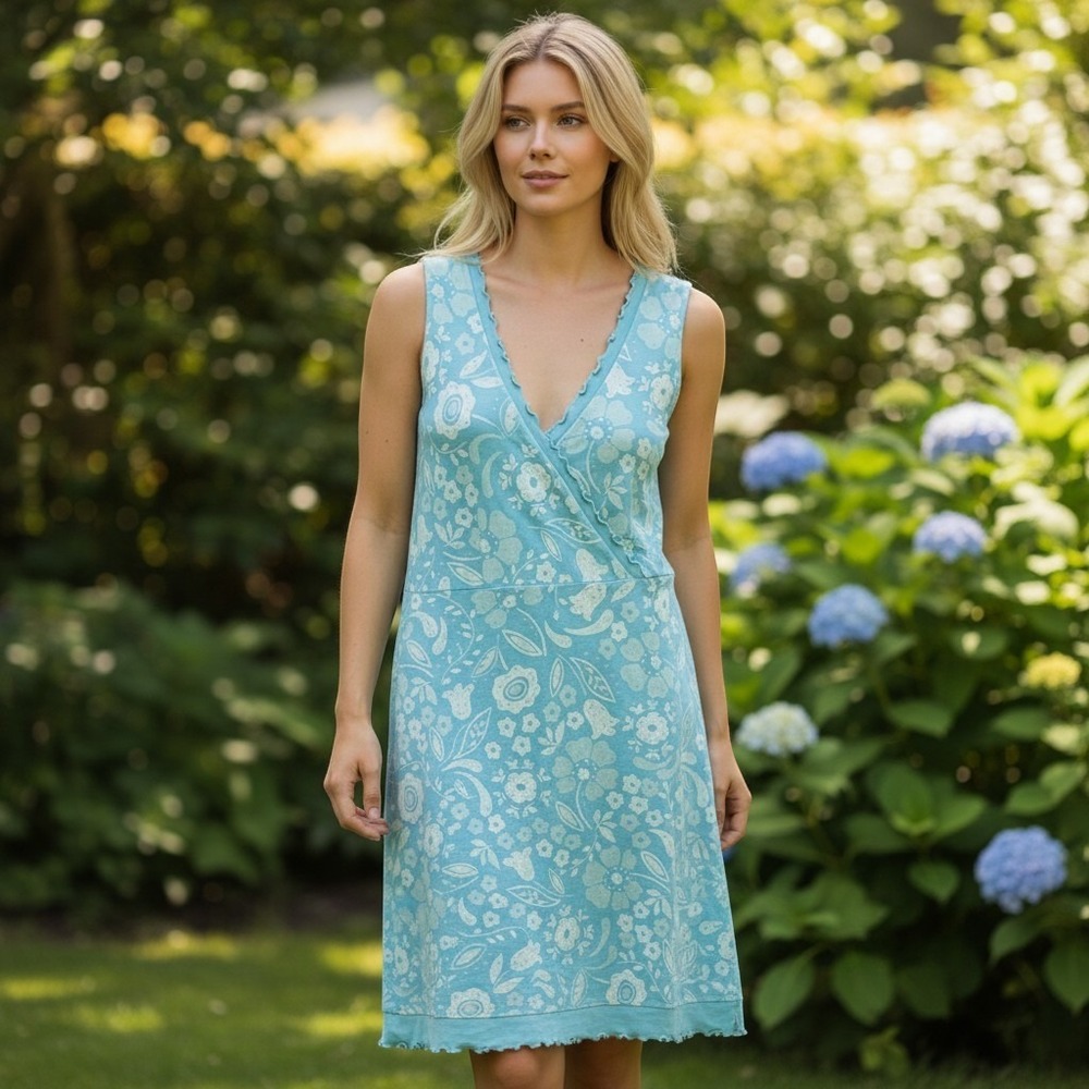 Fresh Produce Sleeveless Dress Women L Blue Floral Coastal Beachwear Cottagecore